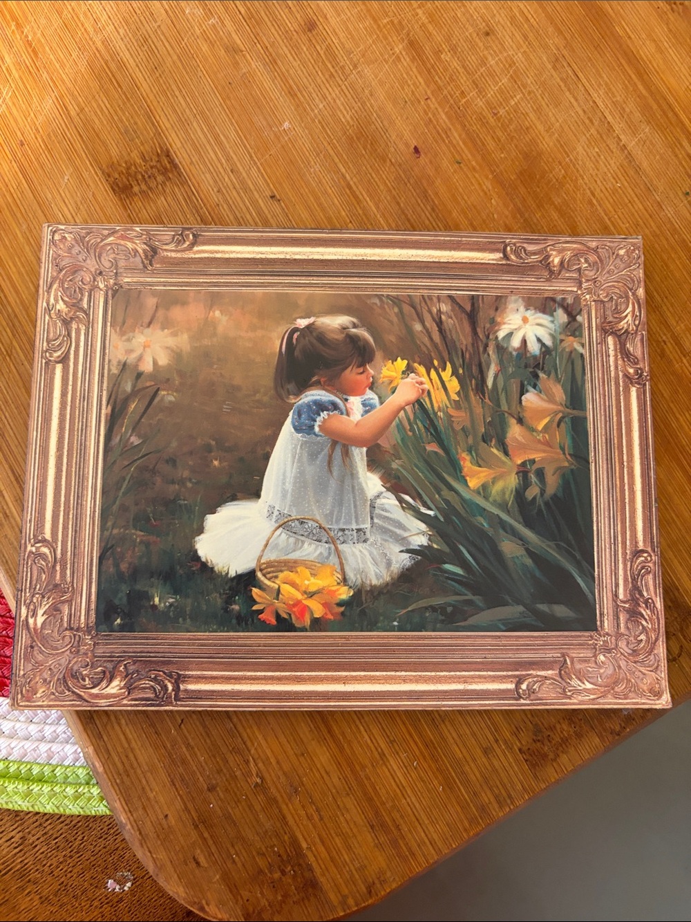 Vintage-Style Gold Picture Frame with Girl and Daffodils Art Print